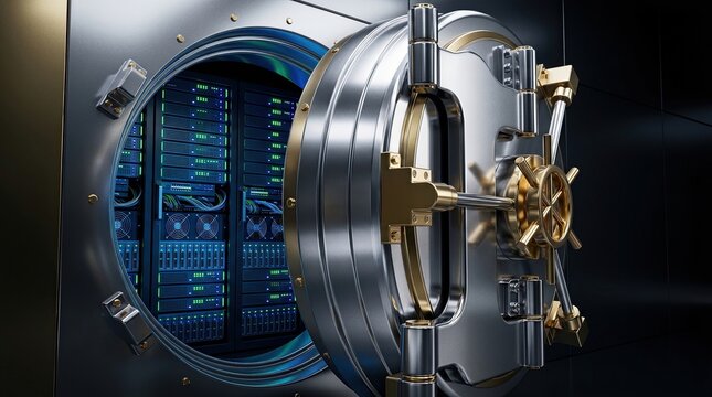 Open vault door revealing a high-tech server room inside a bank vault.