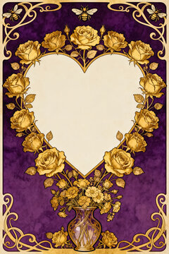 This vintage decorative template features a heart-shaped floral frame with golden roses, set against a rich purple background, accented with honeybees and ornate scrollwork.