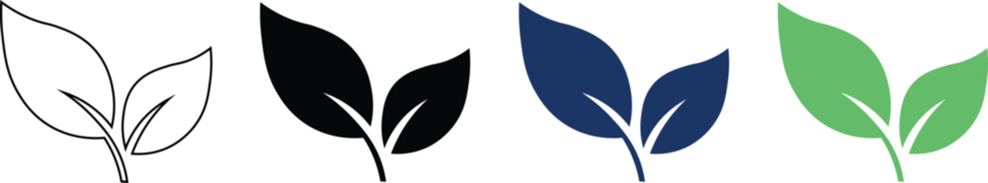 Minimalist leaf icon set representing growth environment and sustainability in outline and high contrast silhouette styles