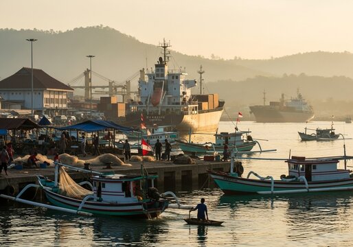 Busy Industrial Port and Traditional Fishing Harbor at Sunrise with Cargo Ships in Indonesia