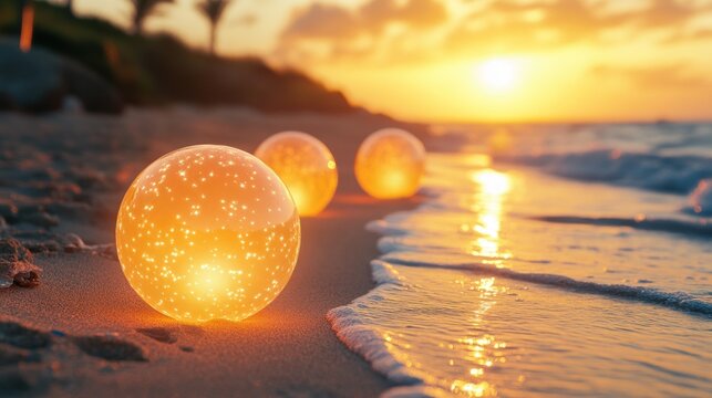 Three glowing orbs on a sandy beach at sunset.  Golden light reflecting on the water.