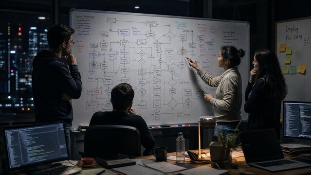 Diverse Team of Software Engineers Collaborating on Complex System Architecture Flowchart During Late Night Office Meeting