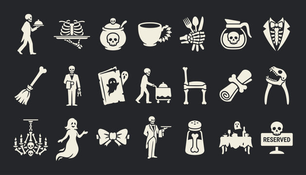Skeleton Waiter and Haunted Restaurant Icon Set for Halloween Event Design