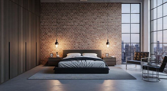 Modern brick-wall bedroom with large bed and city skyline view from a spacious window at night.