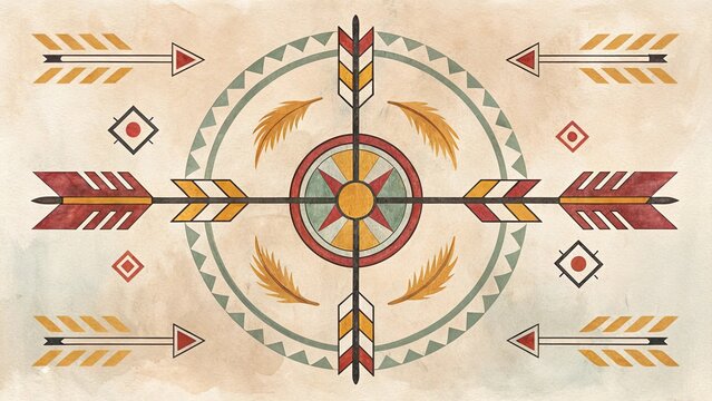 native american dreamcatcher mandala with feathers and arrows on parchment background