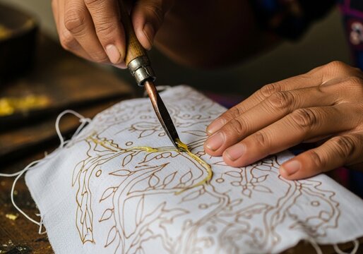 Close-up of Hands Creating Traditional Batik Art with Canting Tool and Hot Wax on White Fabric