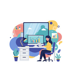 Fototapeta premium Woman working remotely on a laptop at a modern workspace