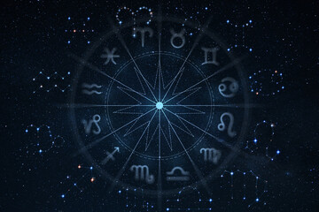 Fototapeta premium Astrological zodiac wheel with twelve signs and constellations over a starry night sky background. Magic, esoteric, and horoscope concept