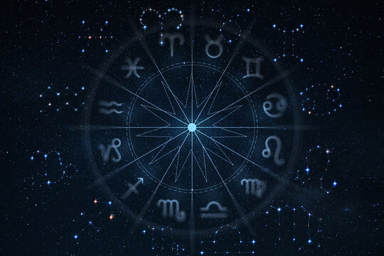 Astrological zodiac wheel with twelve signs and constellations over a starry night sky background. Magic, esoteric, and horoscope concept