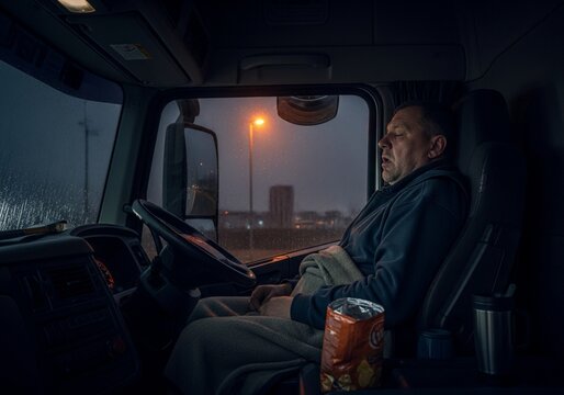 Tired Truck Driver Sleeping in Truck Cabin During Night Rest Break