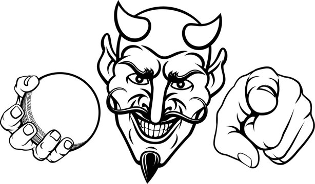 A devil man holding cricket ball and pointing sports team mascot illustration.