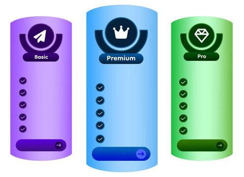 Futuristic Gradient Pricing Cards UI with Layered Circular Icon Frames, Neon Glow Capsule Panels, Modern SaaS Subscription Tier Layout (Basic Premium Pro), Clean Dashboard Elements Isolated