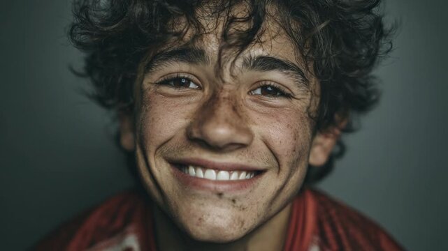 Close-up portrait of a happy young boy with a dirty face and freckles smiling at the camera