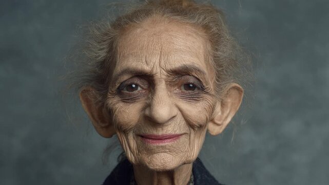 Expressive elderly woman with exaggerated features changing her facial expression from surprised to happy