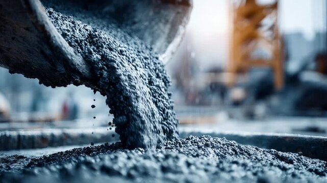 Close-up view of fresh, wet concrete being poured from a chute at a building construction site