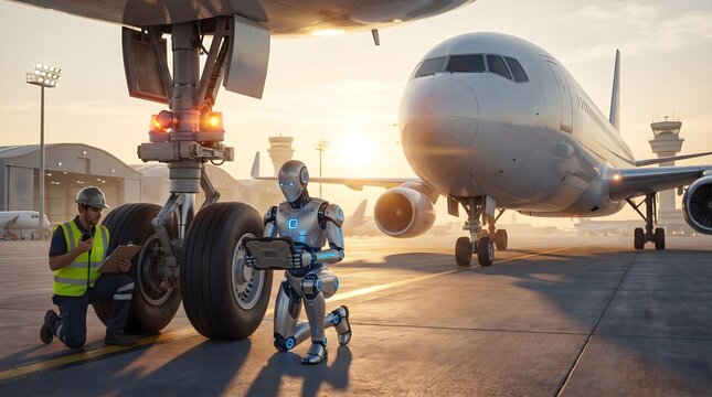 Airport Ground Operations: Technician and Humanoid Robot Performing Pre-Flight Safety Inspection