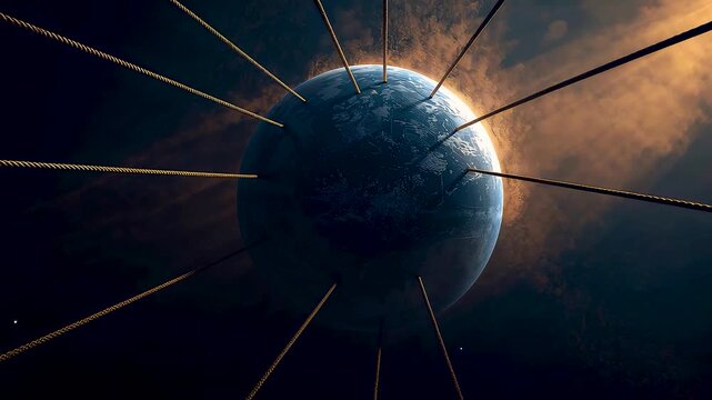 Planet sphere with radiating energy lines beams extending outward in space with bright light source background