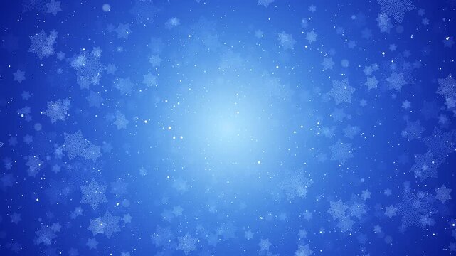 Blue winter snowflake background with falling white snow, soft bokeh light, and bright frosty center. Perfect for holiday videos, Christmas greetings, seasonal titles, and winter overlays.