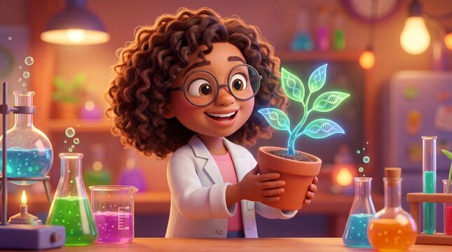 Cute 3D Scientist Character Holding Glowing DNA Plant