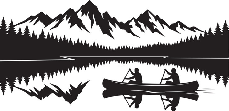 Black silhouette landscape, mountain lake scene, canoe vector, outdoor adventure icons