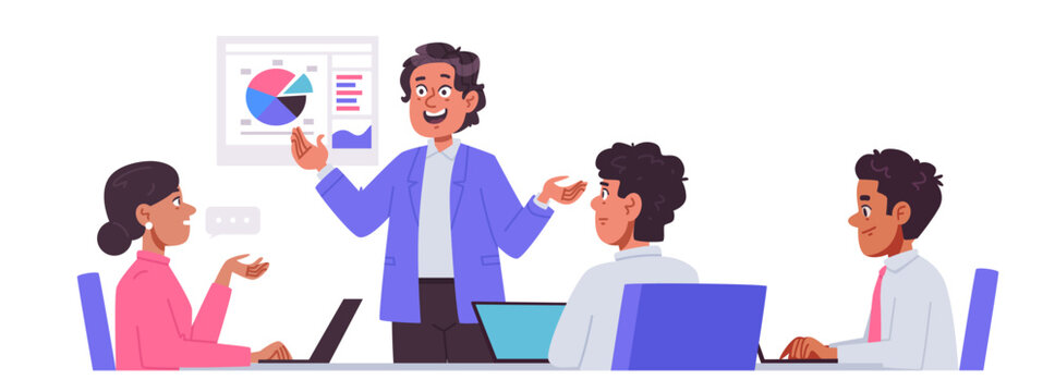 Business presentation and data analysis. Team meeting. Flat vector illustration.