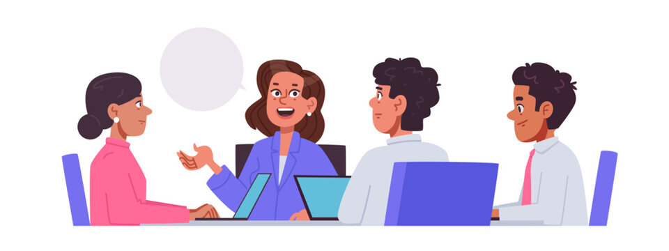 Business meeting and team discussion. Office workers communicating and solving business problems. Flat vector illustration.