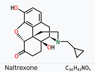 Fototapeta premium Naltrexone molecule. Opioid antagonist medication used in the management of alcohol and opioid dependence. Skeletal chemical formula. Vector illustration