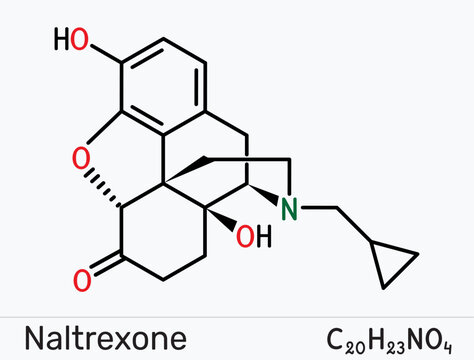 Naltrexone molecule. Opioid antagonist medication used in the management of alcohol and opioid dependence. Skeletal chemical formula. Vector illustration