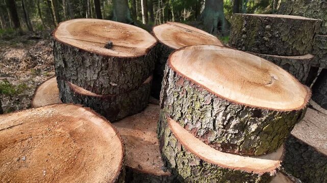 Freshly cut tree trunks stacked in forest with visible growth rings and sawdust, logging scene with natural wood texture, forestry industry, environmental resource and timber harvesting concept