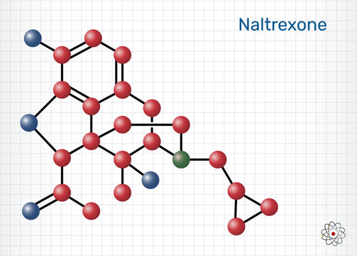 Naltrexone molecule. Opioid antagonist medication used in the management of alcohol and opioid dependence. Sheet of paper in a cage. Molecular model. Vector Illustration