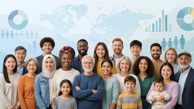 Diverse Population Census Banner With Global Data.
People Of Different Ages And Cultures For Census Concept.
Modern Population Statistics Banner With Diverse Community.