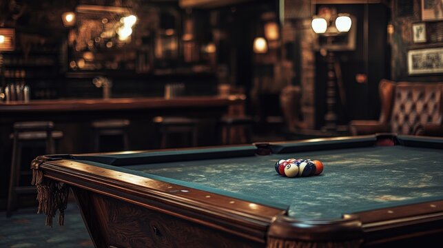 Vintage billiard table in a dimly lit, rustic bar interior.