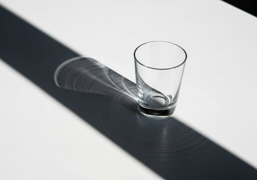 Minimalist Composition of an Empty Glass on White Surface with Dramatic Shadow and Caustic Light Refractions