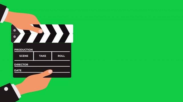 Hands holding and clapping movie clapper board animation on green screen background, perfect for film production, cinema, and video editing concepts. Alpha Channel, 4K video.