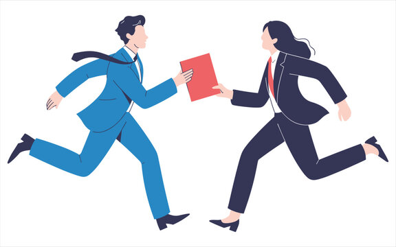 Businessman and businesswoman running and passing a red folder