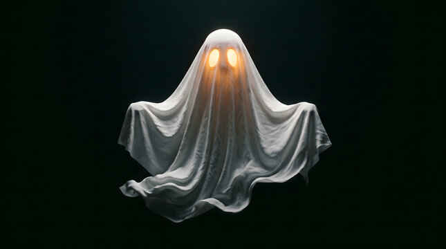 Eerie glowing eyes peer from a floating white sheet ghost against a dark background.