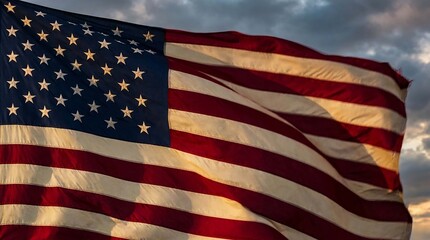 Fototapeta premium American flag waving in the wind with cloudy sky background and sunlight