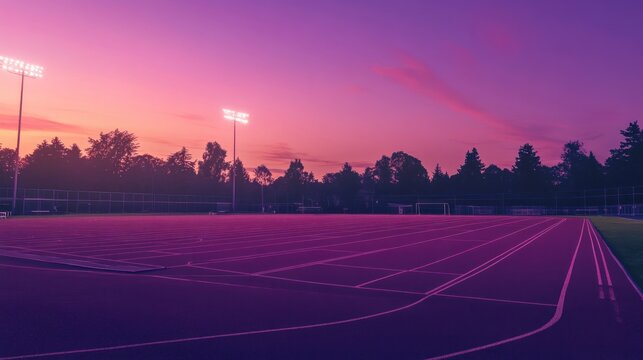 Empty sports track at sunset.  Pink and purple hues paint the sky over a running track.