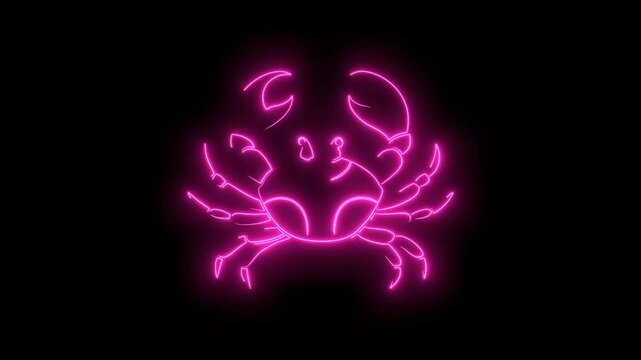 Crab drawn by graphic lines. Seafood shop, signboard, restaurant menu, fish market design template. Fresh seafood or shellfish product. Neon glowing.