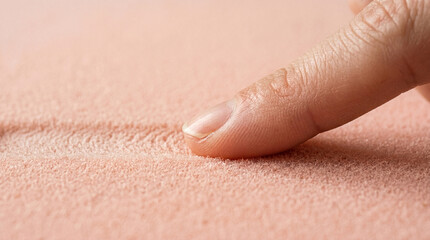Fototapeta premium A highly detailed macro image of a human finger slowly sliding across a soft, porous pastel surface