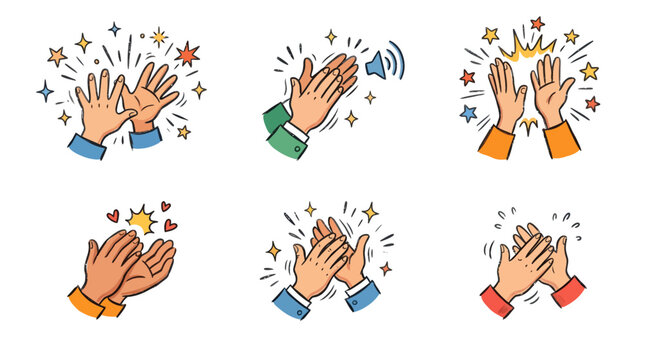 Vibrant collection of expressive cartoon doodle clapping hands, celebrating success and approval with dynamic applause gestures, ideal for positive feedback and achievement illustrations