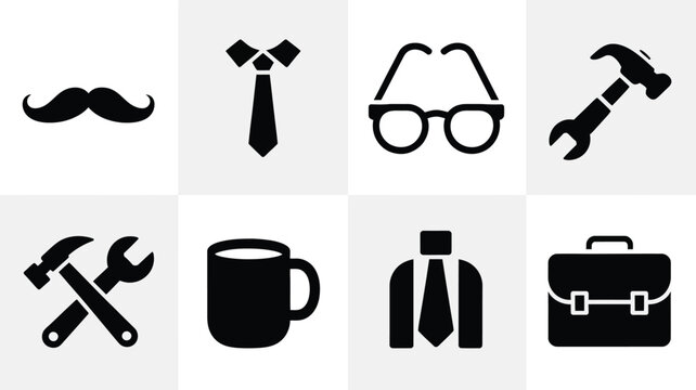 A modern ui design showcasing a father's day theme with icons including moustache tie glasses hammer wrench coffee mug suit and briefcase on a clean grid background