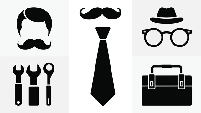 Modern ui style silhouette icons representing father's day celebration elements including moustache tie hat glasses tools and toolbox symbolizing fatherhood and appreciation