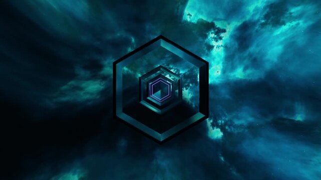 Purple hexagon neon tunnel VJ seamless loop nebula blue background animation