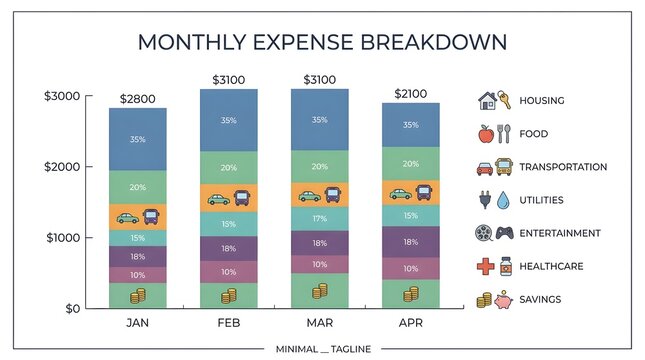 Detailed monthly expense breakdown bar chart for January to April with categorical spending.