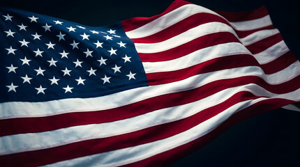 Obraz premium Majestic American flag waving proudly against a dark background, symbolizing freedom and patriotism.
