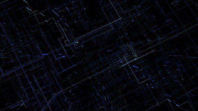 Dark blue network grid background with dotted lines, cyan circuit paths, and abstract data structure. Perfect for tech videos, AI systems, cyber visuals, and digital overlays.