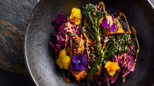 Vibrant grain bowl with roasted sweet potato, purple cabbage, broccolini and edible flowers drizzled with sesame dressing, colorful healthy plant based meal with black rice and sesame seeds