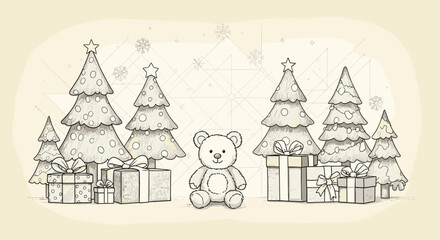 Fototapeta premium Hand-drawn holiday scene with several decorated Christmas trees, many gift boxes, and a cute teddy bear.