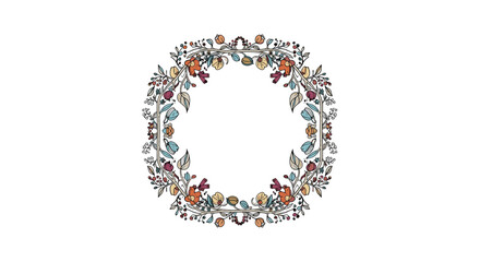 Obraz premium Elegant hand-drawn floral wreath frame composed of colorful flowers and delicate leaves on a white base.
